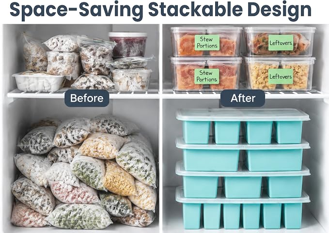 Silicone Freezer Trays with Lid, 1 Cup & 2 Cup for Meal Prep, 2-Pack | Food Grade Silicone, BPA-Free, 1 Cup + 2 Cup Portion Trays, Reinforced Alloy Frame, Stackable & Dishwasher Safe