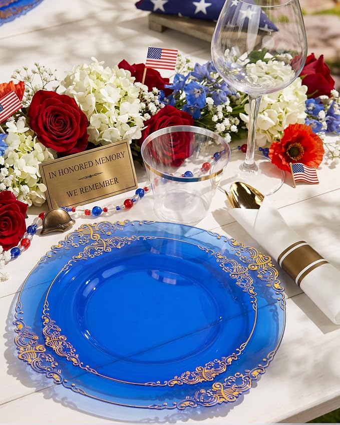 Nervure 350PCS Blue Plastic Plates - Blue Plastic Dinnerware Sets for 50 Guests - 100 Disposable Plates, 150 Gold Silverware, 50 Cups, 50 Napkins for Wedding & Party