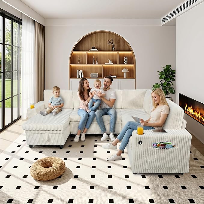 106 in L Shaped Modular Sectional Sofa Couch for Living Room, Beige | Pull Out Sleeper Bed, 7 Seat Modular Design, Hidden Storage Space, USB Charging, Cup Holders, Soft Corduroy, Easy Assembly