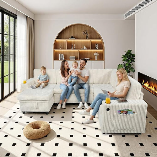 106 in L Shaped Modular Sectional Sofa Couch for Living Room, Beige | Pull Out Sleeper Bed, 7 Seat Modular Design, Hidden Storage Space, USB Charging, Cup Holders, Soft Corduroy, Easy Assembly