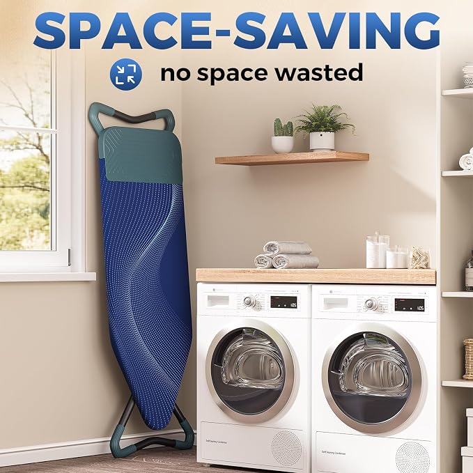 KINGBOARD 18x47 Extra Wide Ironing Board with Silicon Iron Mat, Blue | 18x47 Large Stand Ironing Board with Heat Resistant Cover, 4 Adjustable Heights Heavy Duty Leg 28" - 35" for Laundry Room