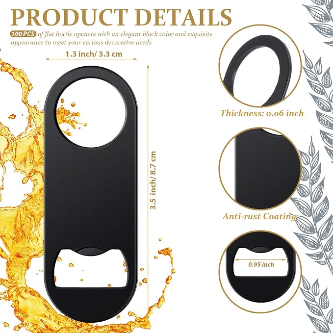 Bottle Openers Stainless Steel Flat Bottle Opener Bulk 3.4 x 1.3 Inches Bartender Beer Key Soda Can Mini Speed for Kitchen, Bar or Restaurant (Black,100 Pcs)