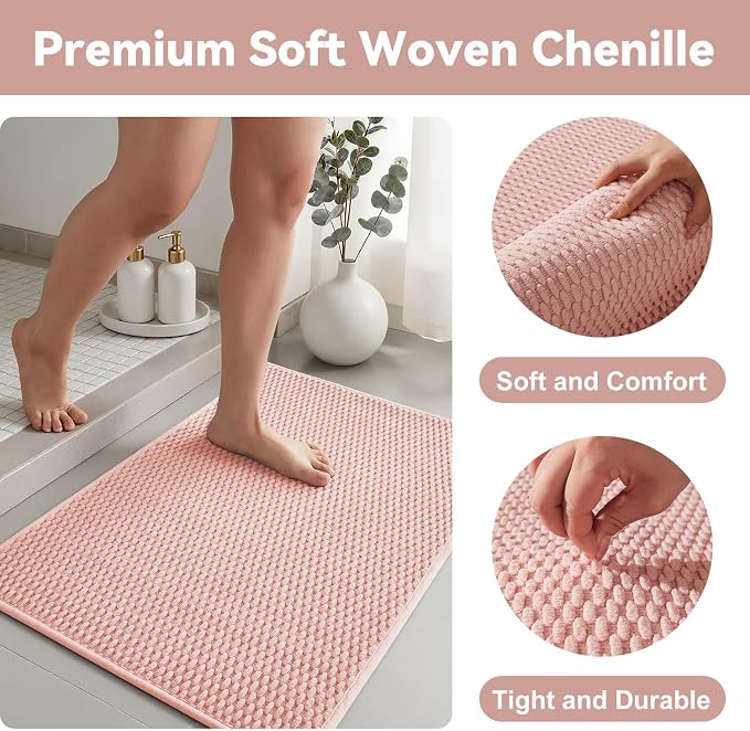 Triohero Bathroom Rugs Non Slip Washable, Super Absorbent Thin Bath Mat Quick Dry Low Pile Bathroom Rug, Pink 24"x47"