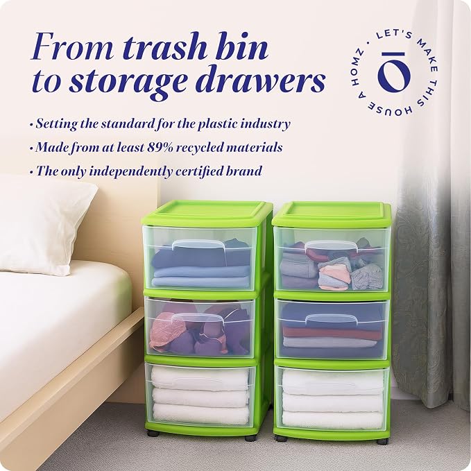 HOMZ 2-Pack Drawer Tower, 3-Tier Clear Plastic Storage Organizer Cart, Bold Lime Frame - Organizing Containers with Wheels for Home, Bathroom, Bedroom, Office, and Classroom