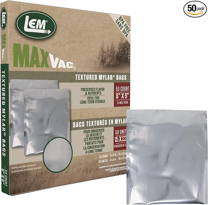 LEM Products MaxVac Textured Mylar Vacuum Sealer Bags, 6" x 9", 50 Count | Texture Helps Eliminate Air Pockets, BPA-Free Food Storage Bags for Dry Goods, Protects Against Moisture, Light, Debris