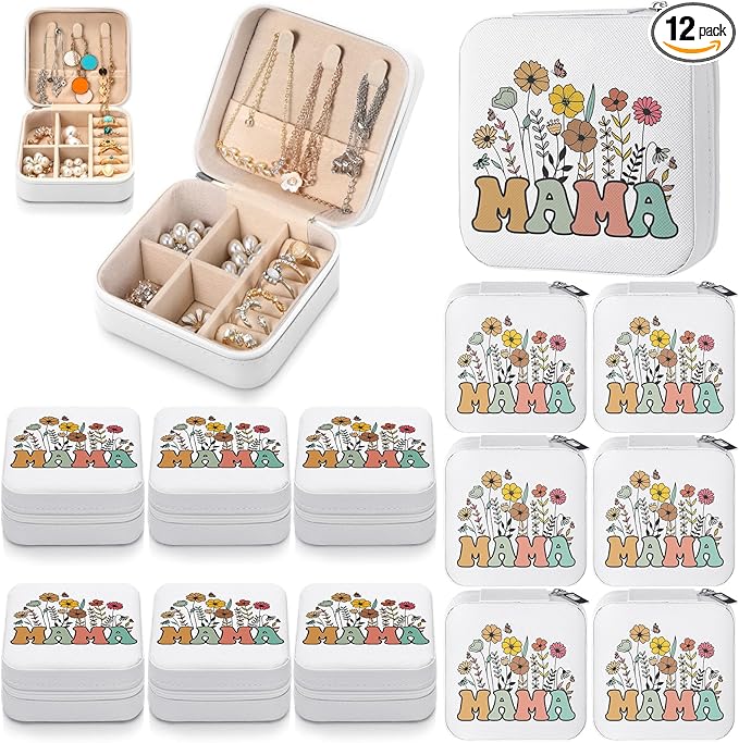 Kacctyen 12 Pcs Mini Mama Wildflowers Travel Jewelry Case Bulk Mother's Day Church Gifts for Mom Women Mama Gifts for Secretary Leather Travel Jewelry Case
