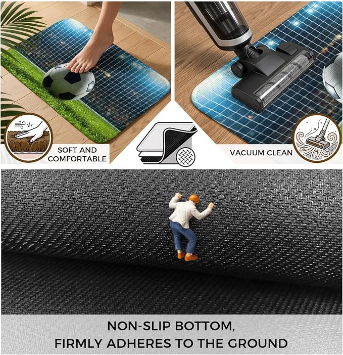 Football Bathroom Runner Rugs Non Slip Washable Absorbent Narrow Long Bath Mat Soccer Ball Sports Net Mesh Evening Match Runner Rugs for Kitchen Hallway Bedroom Laundry Study Room 31.5"x78.7"