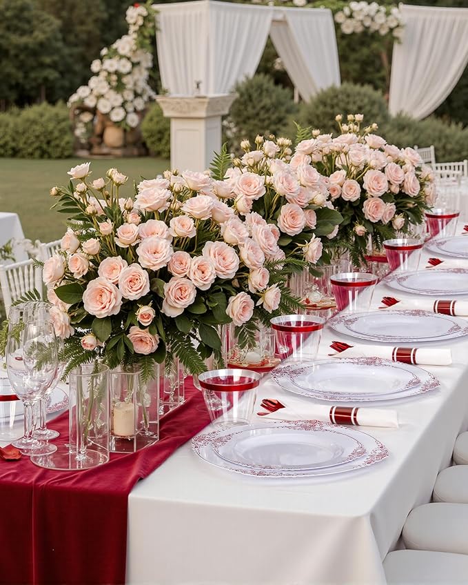 Nervure 350PCS Red Plastic Plates - White Red Plastic Dinnerware Set for 50 Guests - 100 Red Disposable Plates, 50 Pre Rolled Cutlery Set, 50 Cups Perfect for Wedding & Party