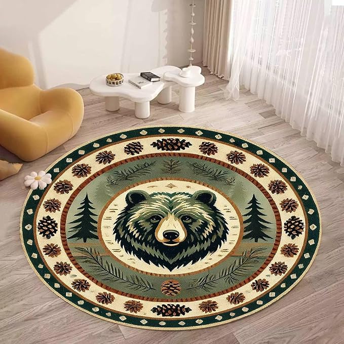 Vintage Southwestern Tribal Style Rugs for Living Room Non-Slip Empire Bear Round Rug Apartment Decor Low Pile Pine Cone Bordered Carpet Mat 5'3ft