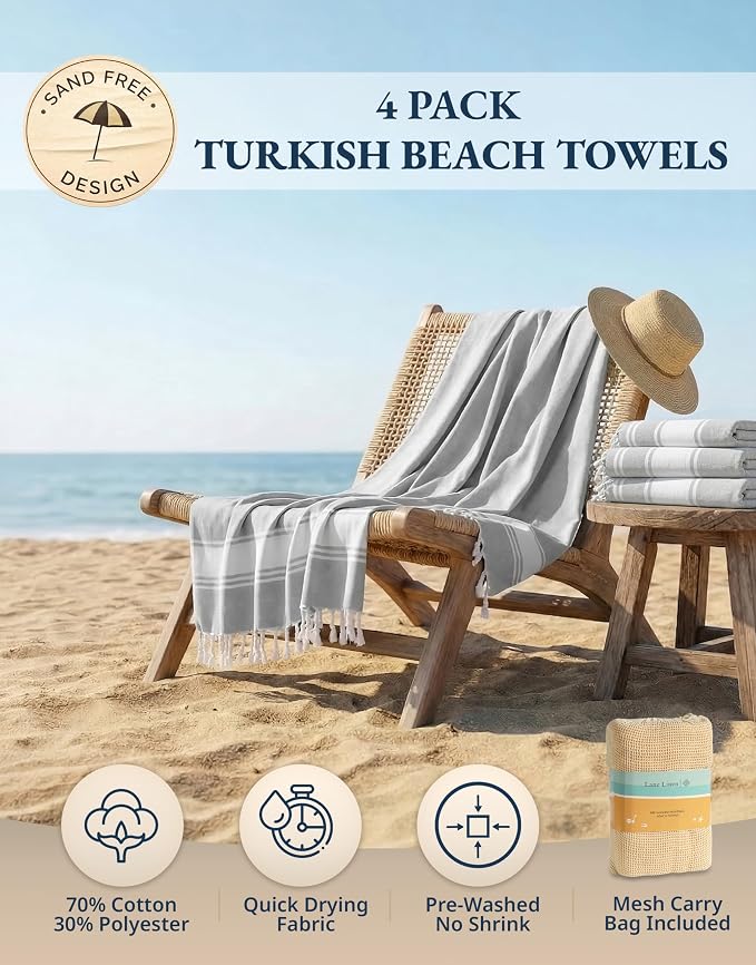 LANE LINEN Oversized Beach Towels 4 Pack, Pre-Washed, Extra Large - Grey | Quick Dry, No Sand, Absorbent Pool Towels for Adults - 39"x71", Vacation Essential - Machine Washable, Travel & Camping