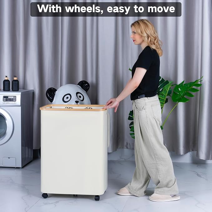 IEGrow Laundry Hamper with Lid,160L Laundry Basket with 3 Mesh Bags,Black | Dirty Clothes Hamper Basket with Bamboo Handle for Clothes Towels