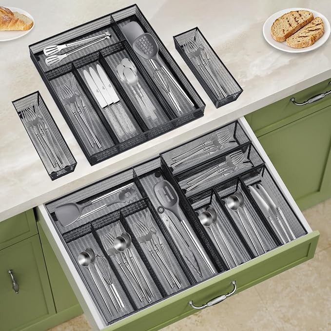 Neudeco Drawer Organizer Set, Black Mesh, 6 Pack | 5-Compartment Silverware Organizer Tray, 5 Utensil Trays, For Flatware, Cutlery, Office Supplies, Non-Slip