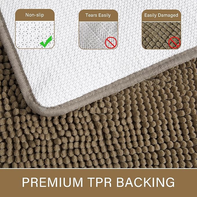 LOCHAS Luxury Bathroom Rug Shaggy Bath Mat 24 x 60 Inch, Tan | Washable Non Slip Bath Rugs for Bathroom Shower, Soft Plush Chenille Absorbent Carpets
