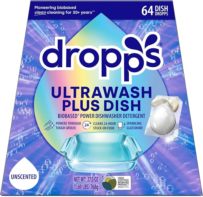 Dropps UltraWash Plus Dishwasher Detergent Pods, Unscented (64 Ct) Free & Clear | Triple Action | Built In Rinse Aid | Cuts Grease & Stuck-On Food | Sparkling Dishes | Residue-Free | Clean Ingredients