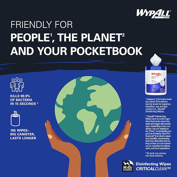 WypAll® Brand Disinfecting Wipes (54481), Hydrogen Peroxide Disinfectant Cleaner for Commercial, Industrial & Healthcare, 5.75"x7" Wipes, Fresh Scent (3 Canisters of 185 Sheets)