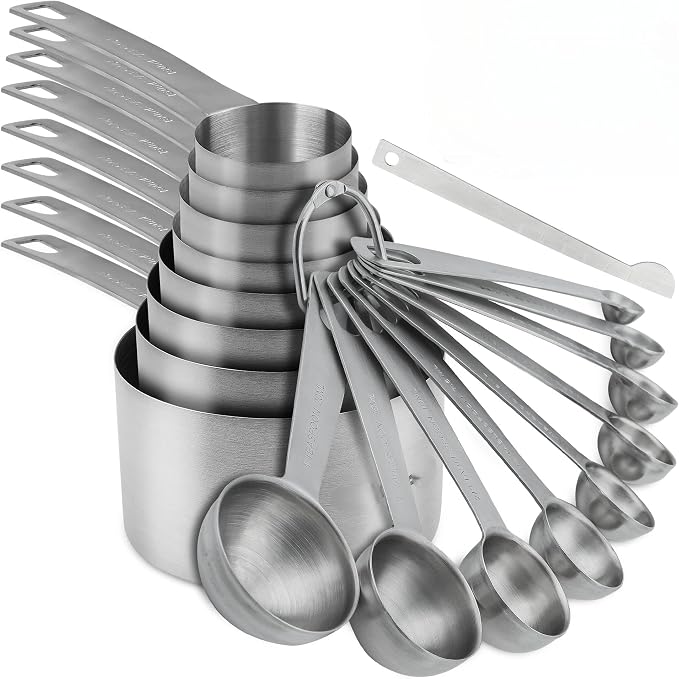 Measuring Cups and Spoons Set 18, Metric&US 18/8 Stainless Steel Measuring Cups and Spoons for Kitchen &Baking, Metal Measue Cup and Spoon for Dry&Liquid, 8 Measure Cups&9 Spoons w/Leveler