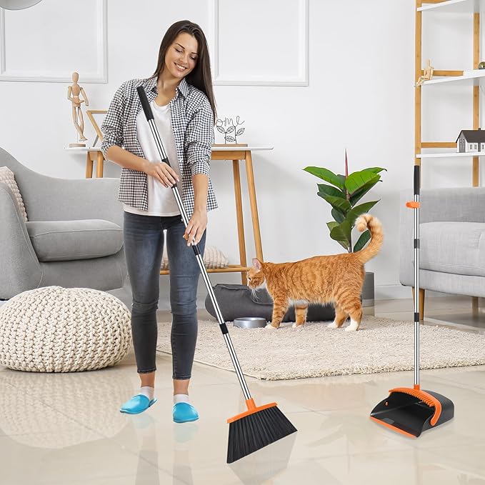NACENA Broom and Dustpan Set, 52-in Long Adjustable Handle Broom Dustpan Combo with Dustpan Teeth to Automatically Clean Hair Suitable for Home Kitchen Office Hall Floor（Black&Orange）