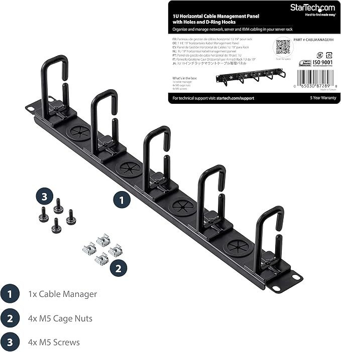 StarTech 1U 19in Horizontal Cable Manager, D-Ring, Steel (CABLMANAGERH) | Passthrough holes, 5 routing loops, Fits 2 or 4-post racks, M5 cage nuts and screws, EIA-310-E, 3.75in depth