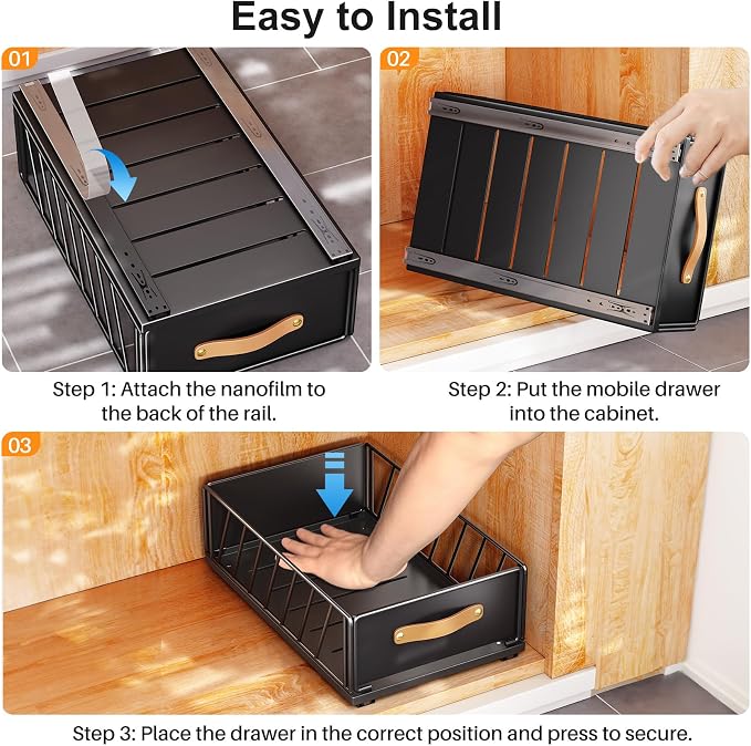 Pull out Cabinet Organizer,Heavy Duty Slide out Pantry Shelves Drawer Storage with Adhesive Nano Film,Sliding Mesh Cabinet Basket with Handle for Kitchen, Bathroom, Home, 11.8"W X 15.7"D X6.2"H,Black