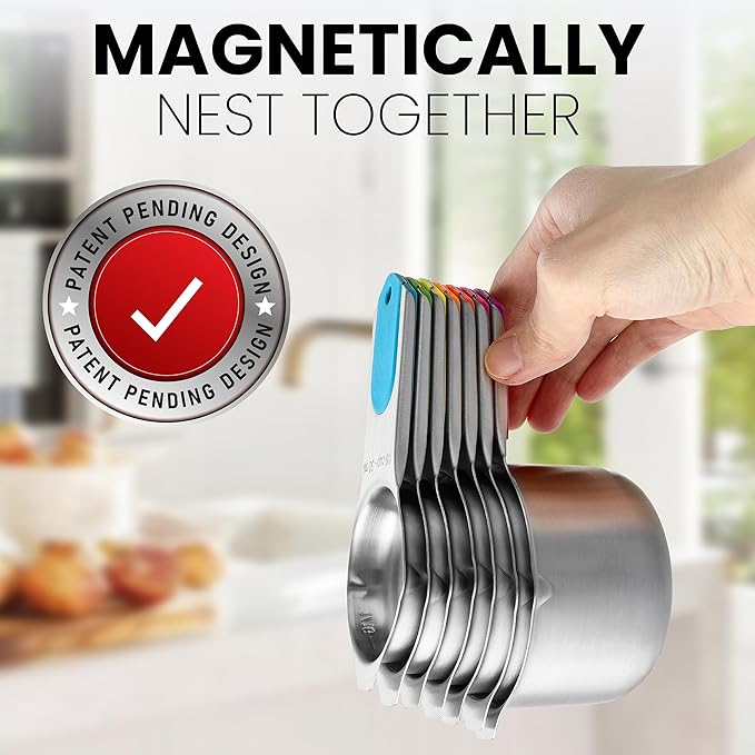 Spring Chef Stainless Steel Magnetic Measuring Cups, Set of 7 & Heavy Duty Magnetic Teaspoon & Tablespoon Measuring Spoons, Set of 8 with Leveler - 2 Product Bundle - Neon