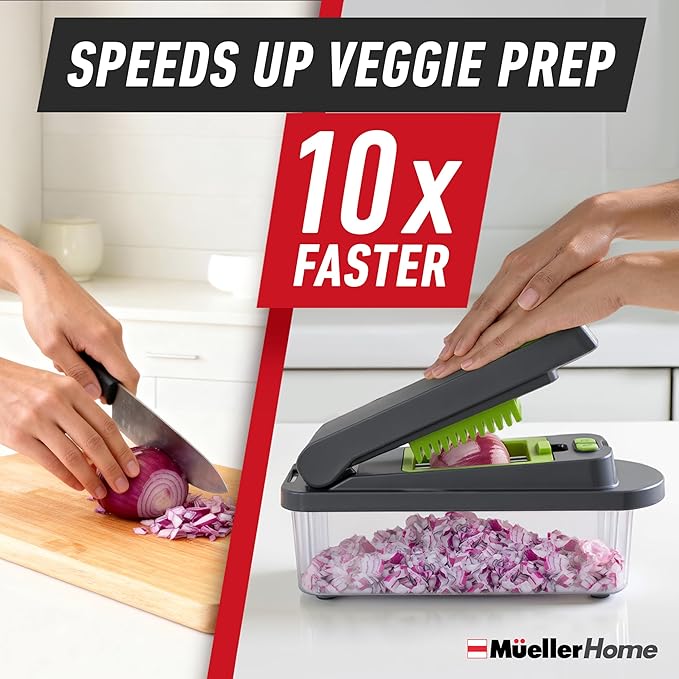 MUELLER HOME Pro-Series 10-in-1, 8 Blade Vegetable Chopper, Onion Mincer, Cutter, Dicer, Egg Slicer with Container, French Fry Cutter Potato Slicer, Home Essentials, Salad Chopper,Gray/Green