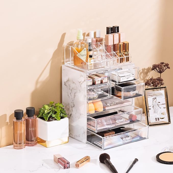 Sorbus Acrylic Makeup Organizer Set, 7-Drawer Vanity & Countertop Cosmetic Storage with Small & Wide Compartments, Marble Print Makeup Storage for Brushes, Jewelry – Holiday Gift for Women & Teens