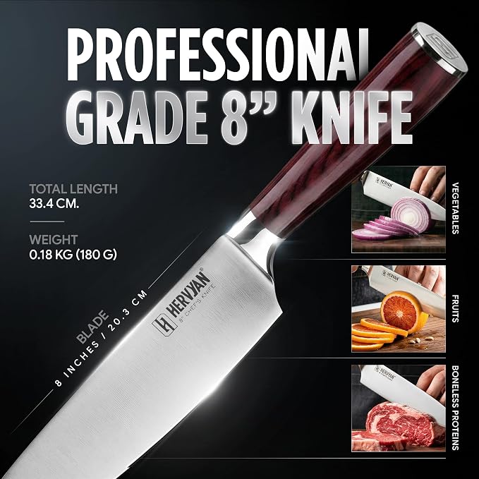 Chef Knife, 8 Inch High Carbon Stainless Steel Sharp Kitchen Knife with Ergonomic Pakkawood,Gift Box for Family & Restaurants 8-Inch Chef Knife, High-Carbon Stainless Steel Kitchen Knife