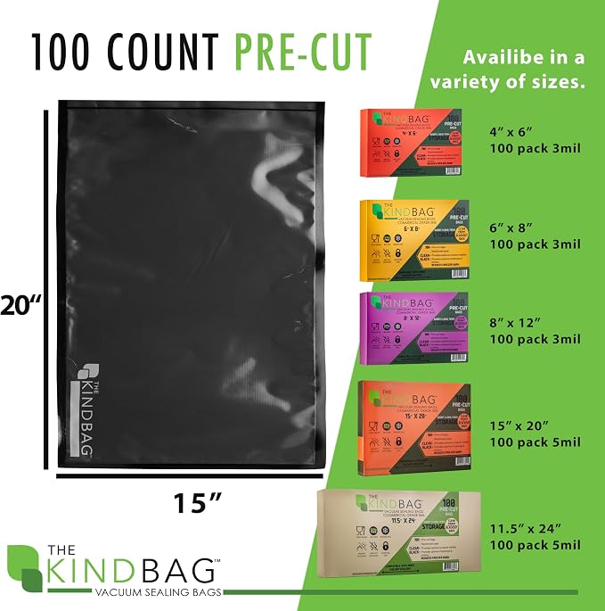 The Kind Bag Vacuum Seal Bags for Food Storage, 15x20 Inch 100 Pack, Pre-Cut 5mil Commercial Grade, Black Back Clear Front, BPA Free, Airtight and Freezer Safe, Prevents Freezer Burn