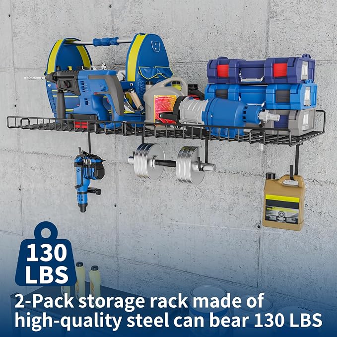 2 Pack Garage Wall Shelf, Wall Mounted Storage Shelves, Heavy Duty Metal Shelves for Room Wall, Loads 80 LBS Floating Shelves Mesh Storage Rack for Garage, Office, Basement,Wall Cabinet and Kitchen