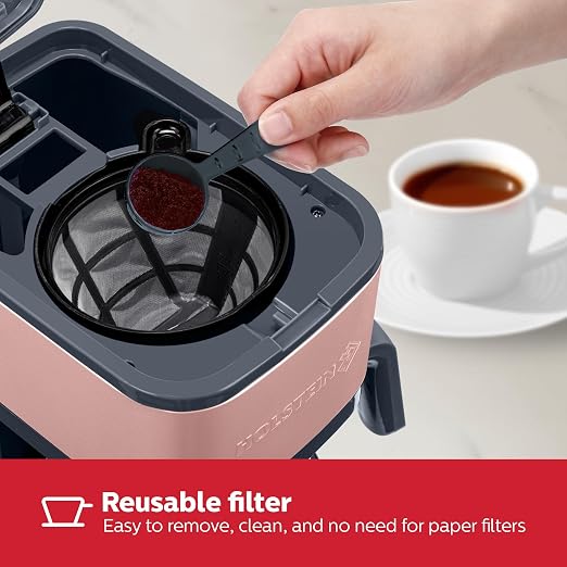 Holstein Housewares 5 Cup Coffee Maker – Compact Drip Coffee Machine with Auto Pause & Serve, Reusable Filter, Glass Carafe, Water Window & Warming Plate. Dark Grey & Rose Gold
