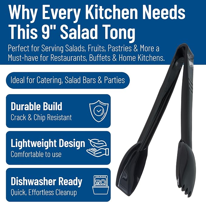 Carlisle FoodService Products CFS Carly Salad Tong, 9" Salad Tong, Black, 1 Pack