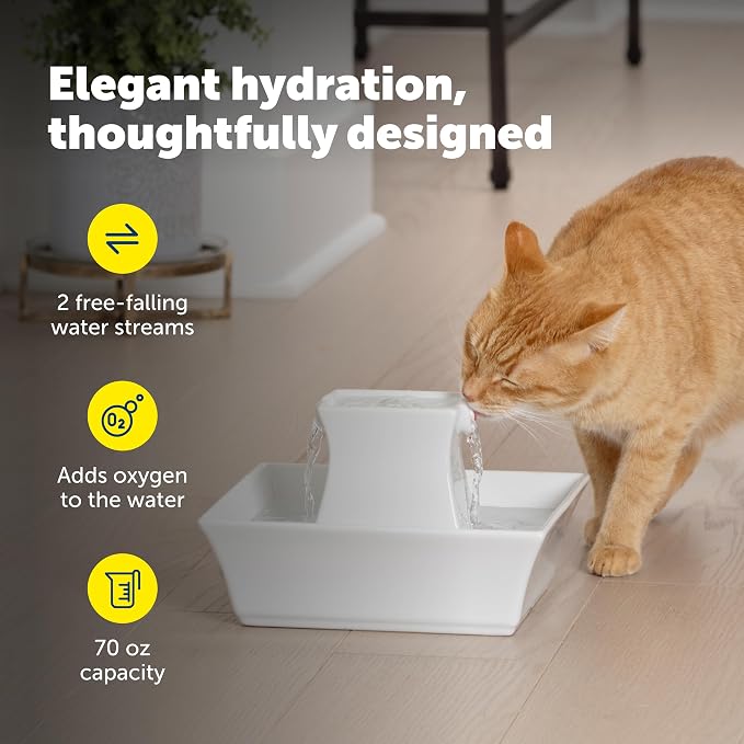 PetSafe Drinkwell Pagoda Fountain, 70 oz Ceramic, 4-Pk Filters Included | 2 Free-Falling Water Streams Encourage Hydration, Pet Water Fountain for Cats & Dogs, Includes 4 Carbon + 2 Foam Filters