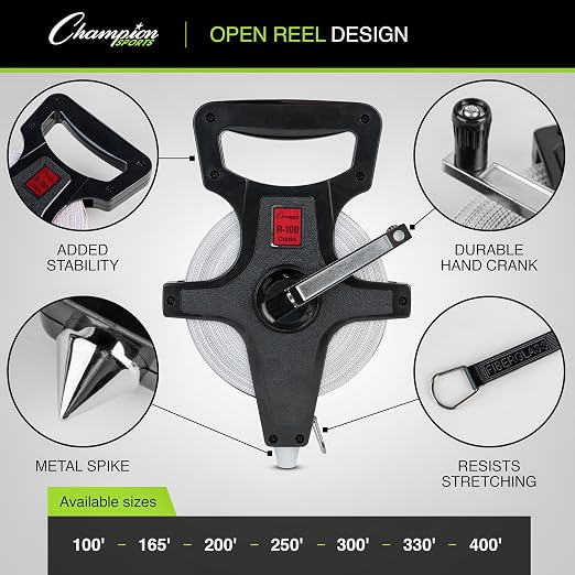 Champion Sports Open Reel Measuring Tapes – Durable Hand Crank with Metal Spike, Dual-Sided Feet & Meters, Perfect for Track & Field and Long Jump, 165 Feet/50 Meters