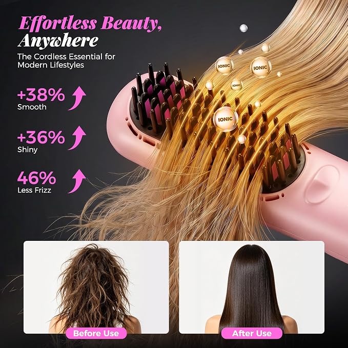 Go Brush Pro 2026, Cordless Hair Straightener Brush, Mini Hair Straightener with 3 Temperature Settings, Portable Hair Straightener Brush with MCH Heating and Ionic & Ceramic Care for Women (Pink)