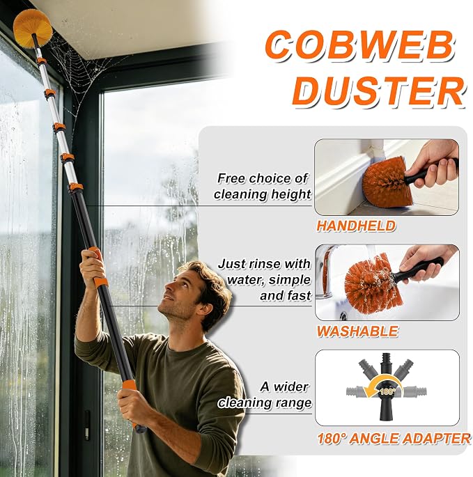 Buyplus 30FT Reach Solar Panel Cleaning Brush Kit with 5-24FT Telescoping Pole, Water Fed Window Cleaner Tool with 20" Brush, Soap Dispenser, Cobweb Duster, Squeegee for Roof, RV, Gutter, Deck,Orange