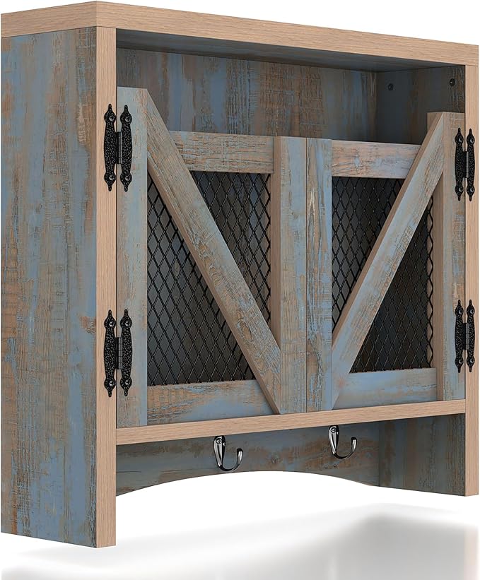 UNA Farmhouse 2 Shelves Wood Wall Cabinet with Net Doors for Bathroom, Kitchen, Living Room, Bedroom, Home Office, Laundry Room, Distressed Blue