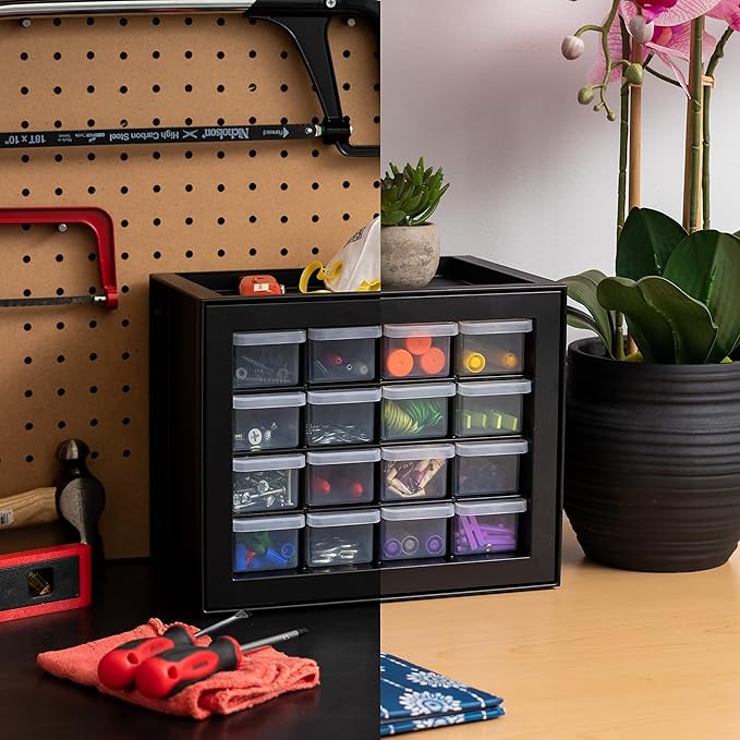 IRIS USA 16-Drawer Small Drawer Organizer, Made in USA, Stackable Teacher Toolbox For Crafts, Crayons, Beads, Building Bricks, Water Packets, Screws, Hardware, Desk & Garage Storage, Black