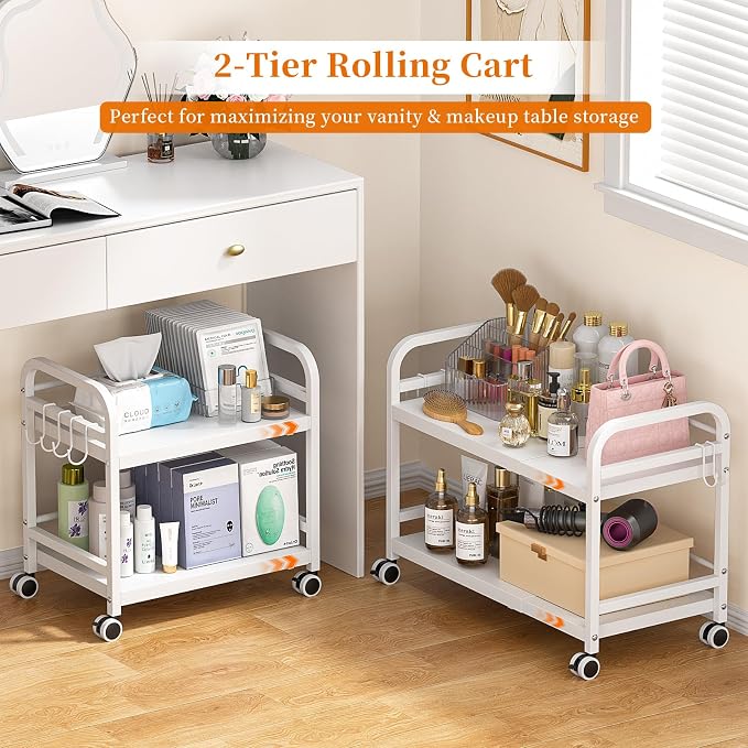 DAOUTIME 2-Tier Expandable Rolling Cart, Pantry Storage Cart with Wheels, Adjustable Rolling Pantry Floor Organizer, Metal Under Desk Cart, Sturdy Can Storage & Snack Organizer for Kitchen Pantry