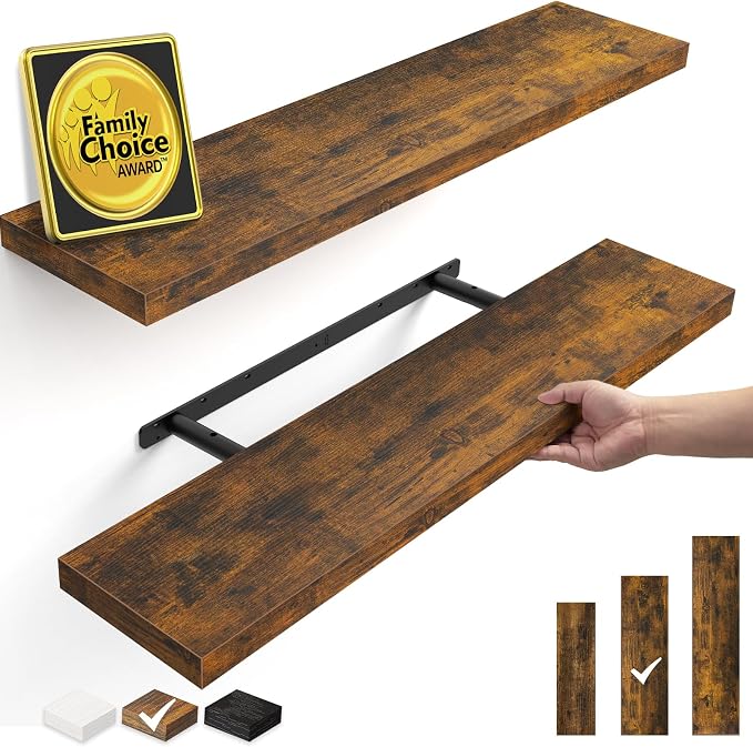 BAYKA Floating Shelves, 35.4 inches Long Wall Mounted Rustic Wood Shelves for Bathroom, Bedroom, Living Room, Kitchen, Office, Hanging Shelf for Books/Storage/Decor(Rustic Brown,Set of 2)