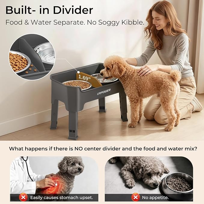 URPOWER Mess Proof Elevated Dog Bowls, Splash Guard Raised Bowl Stand | 4 Adjustable Heights, 2 Stainless Steel Bowls, Food & Water Separation, Non-Slip Base, Foldable Design for Small Dogs