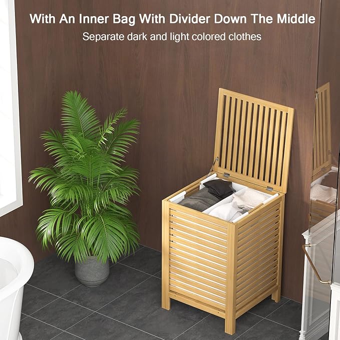 Bamboo Laundry Hamper with Lid, 120L Large Clothes Laundry Sorter with Removable 2-Section Liner Bag, Raised Laundry Basket Organizer for Clothing, Bathroom, Bedroom, Laundry Room, Natural