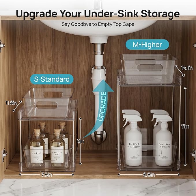 Vtopmart 2 Pack Plastic Larger Higher Bathroom Kitchen Under Sink Organizer (M-Higher)