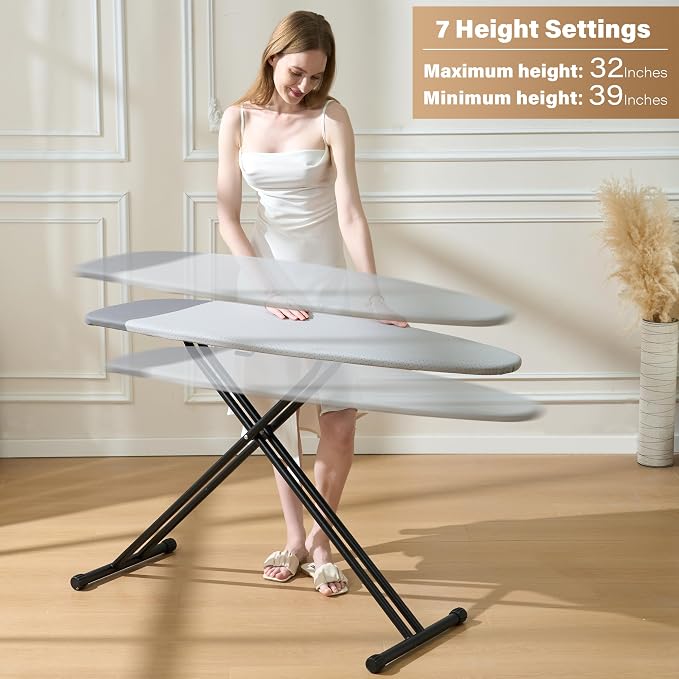 veiox Full Size Ironing Board 54''x18'',Heavy-Duty Stable | No wobble or tipping,Thicken Heat Resistant Cover,Smooth gliding,7 heights adjustable,Ideal for home, dorm, or apartment