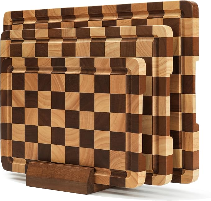 Checkered Cutting Board Set for Kitchen - 3 PCS Wood Checkerboard End Grain Chopping Board with Holder & Juice Groove, Wooden Cutting Boards for Meat, Vegetables, Fruits (S, M, L)