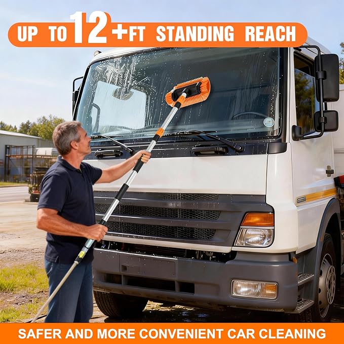 LAANPOLE 12FT Car Wash Brush with Long Handle, Car Cleaning Brush with 12 Inch Soft Bristle and Soap Dispenser, Solar Panels Cleaner with Telescoping Pole for RV, Truck, Boat, House Siding, Orange
