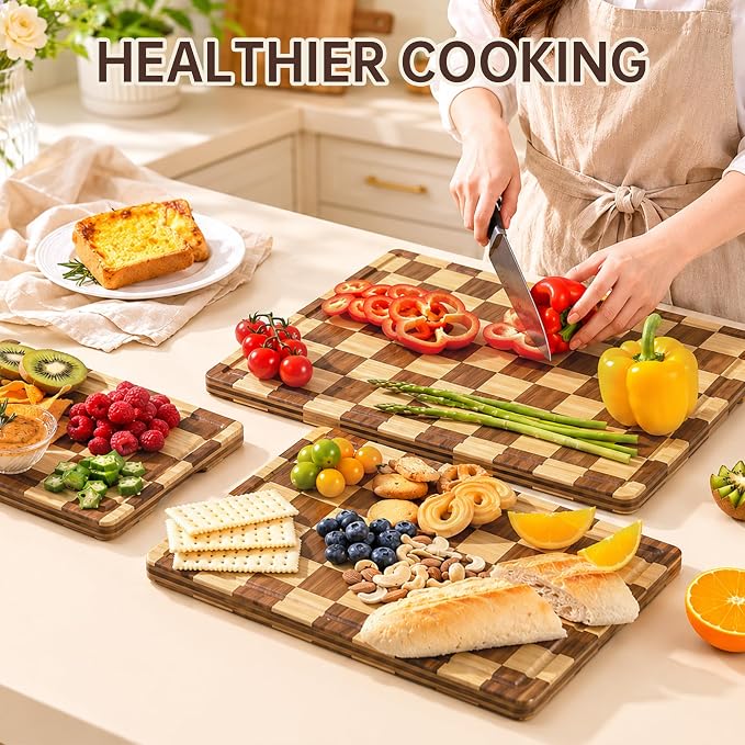 Checkered Cutting Board Set, Bamboo Cutting Board for Kitchen | 3pc, Non-Toxic, with Juice Groove,Wooden Charcuterie Boards, Non Slip Chopping Board, Housewarming Gift