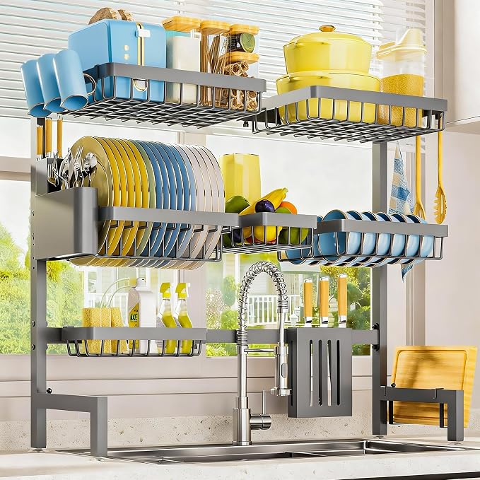 Sakugi Dish Drying Rack Over The Sink, Dish Drainer for Kitchen Counter | Stainless Steel Storage Organizer with Utensil Knife Holder & Hooks, Adjustable 11.8"Dx31.5"~39"Wx30"H, Grey