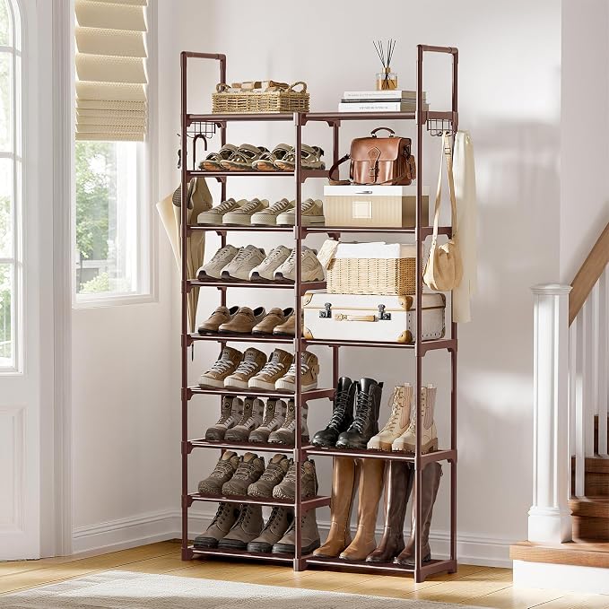 WOWLIVE 9 Tiers Large Shoe Rack Brown Shoe Rack Organizer for Closet 30-35 Pairs Stackable Heavy Duty Shoe Shelf Shoe Storage with Metal Pipes Plastic Connectors
