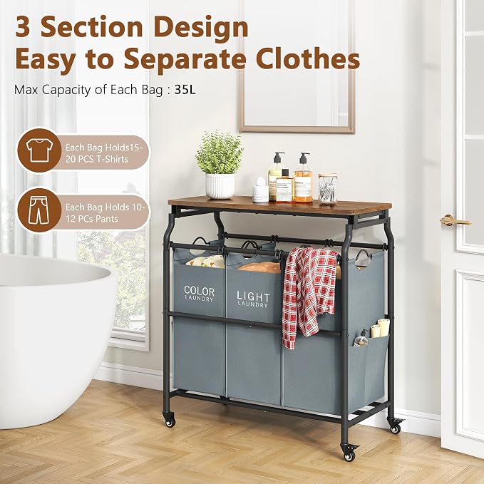 Hoctieon 3 Section Laundry Sorter with Iorning Board, Laundry Hamper, Gray | Lockable Wheels, Laundry Basket Organizer, Heavy Duty Clothes Separator, Removable Bags, Laundry Cart for Bedroom, Bathroom