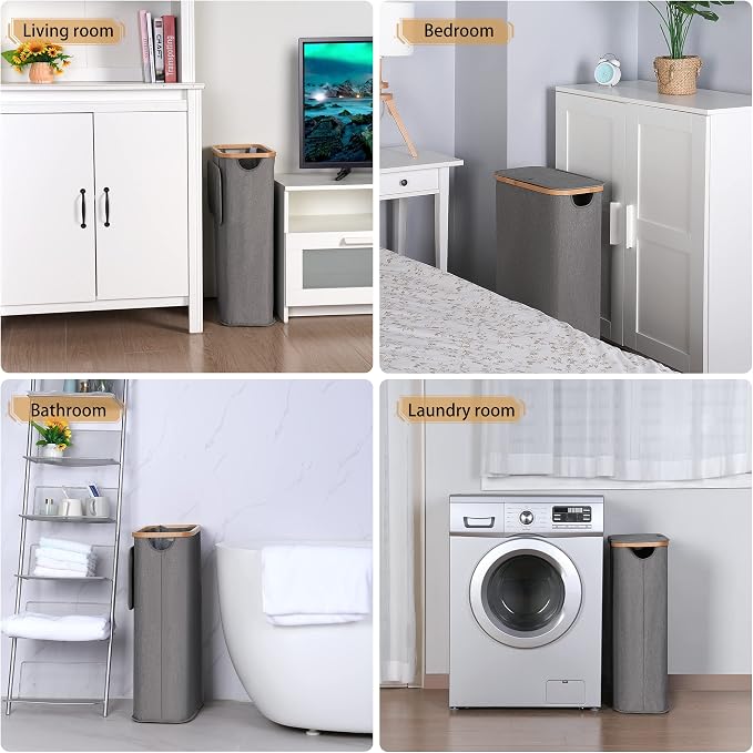 iEGrow 65L Slim Laundry Hamper, Narrow Laundry Basket with Lid,Foldable Clothes Hamper with Bamboo Handles,Hamper Basket with Removable Inner Bag for Laundry Room Bedroom College Dorm,17.17 Gals Grey